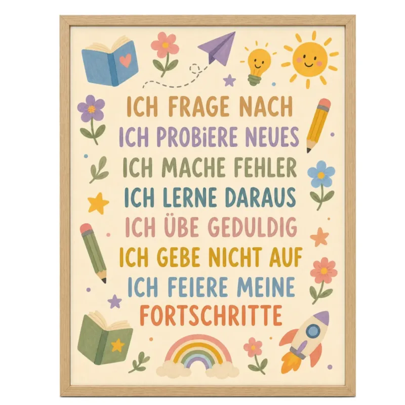 Affirmationsposter Kinderzimmer Blumenwiese Ich frage nach, im Mädchenzimmer