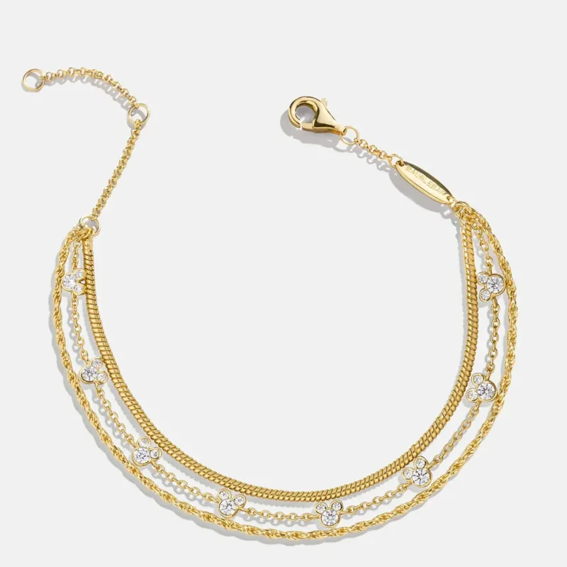 Mickey Mouse Disney 18K Gold Plated Sterling Silver Layered Bracelet - Gold/Pavé