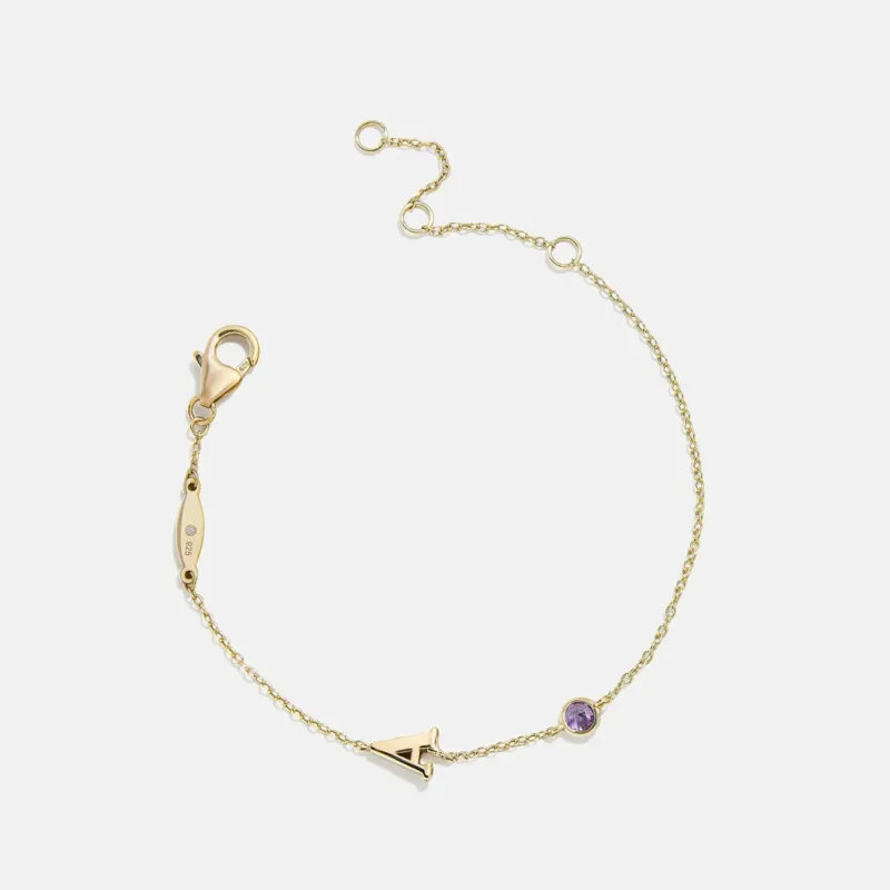14K Gold Initial Birthstone Custom Bracelet - Light Amethyst