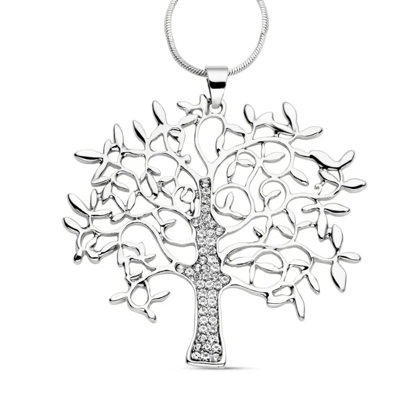 Weißer Kristall Lebensbaum-Anhänger mit Kette, silberfarben