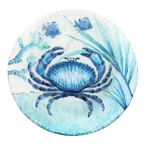 Glasteller Krabbe – maritimer Dekoteller aus Glas in Blau Weiß Ø 30,5 cm