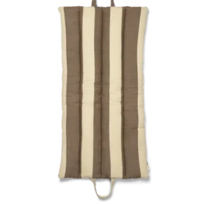 Strand Folding Mat in carob brown and parchment stripes, unfolded with carry handles