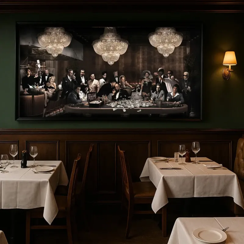 Home restaurant dining area, gangster movie poster above table, pendant lights, cozy vibe
