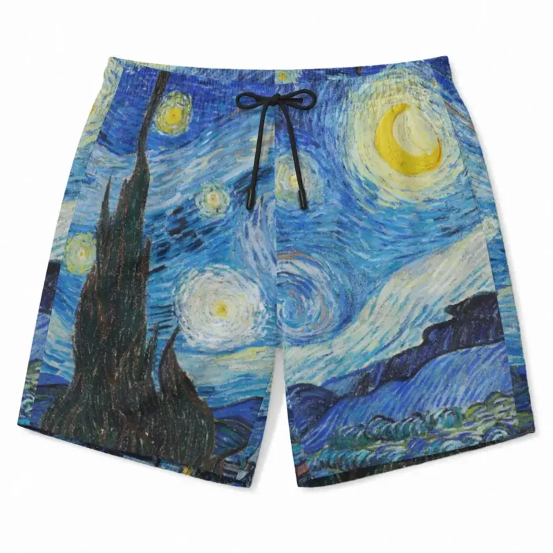 The Starry Night by Vincent van Gogh beach shorts front view with swirling night sky artwork print on white background.