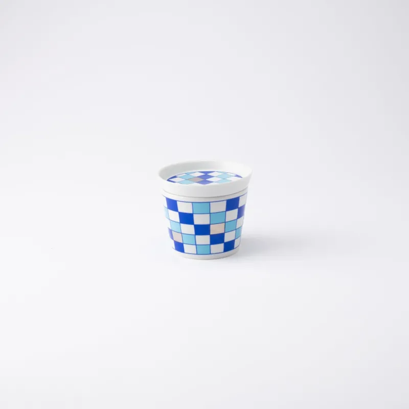 Arita Porcelain Lab Japan Blue Checkered Pattern Soba Choko Cup and Condiment Plate Set - MUSUBI KILN - Quality Japanese Tableware and Gift