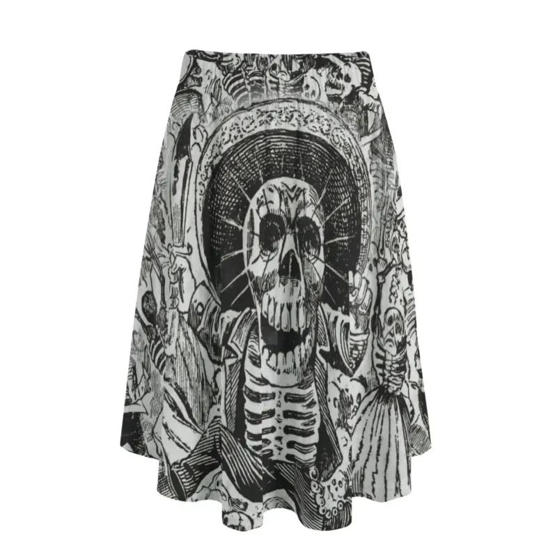 Calaveras long skirt with black-and-white skeleton artwork by José Guadalupe Posada on a light background