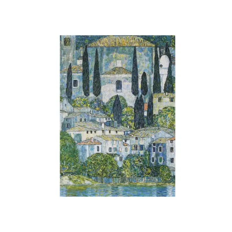 Church in Cassone by Gustav Klimt Floor Mat transforming a contemporary living space with its vertical composition of the charming Italian village church rising above the shimmering waters of Lake Garda in modernist mosaic-like brushwork