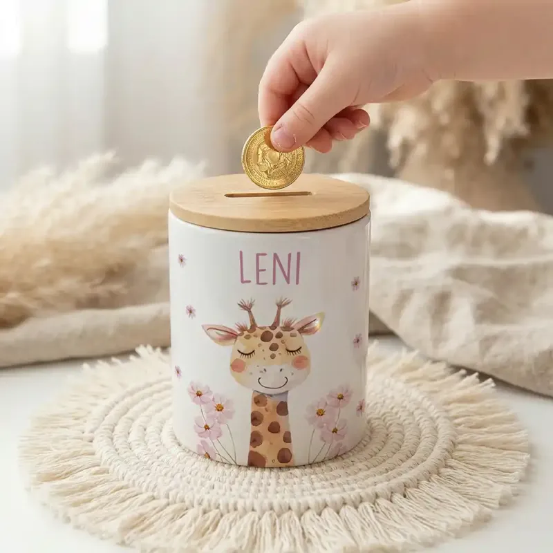 Personalisierte Spardose Giraffe Blumen – Keramik & Bambus mit Wunschname