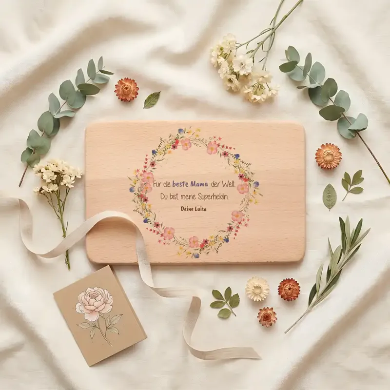 Personalisiertes Frühstücksbrettchen Muttertag Wildblumenkranz Beste Mama – Geschenkszene auf gedecktem Tisch