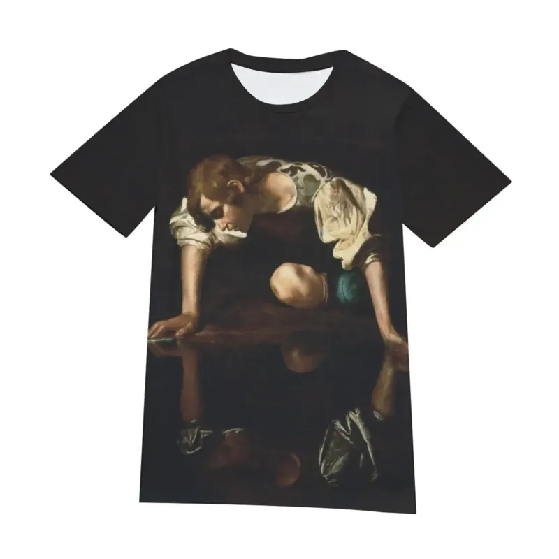 Front view of black Narcissus by Caravaggio T-shirt with the full painting and dark reflection scene across the front